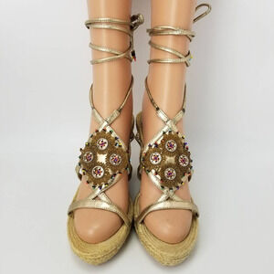 Report Beaded Espadrilles Wedge Platforms Tie Leg Lace Up Straps Sandals Sz 8.5